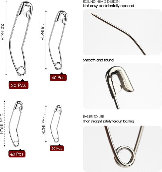 160 Pack Curved Safety Pins for Quilting Basting Pins 28mm 32mm 38mm 54mm Assorted Sizes Quilting Safety Pins Stainless Steel Quilting Pins