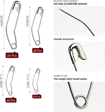160 Pack Curved Safety Pins for Quilting Basting Pins 28mm 32mm 38mm 54mm Assorted Sizes Quilting Safety Pins Stainless Steel Quilting Pins