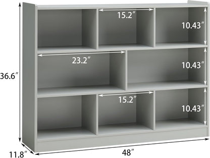 3-Tier Bookshelf, 8-Section Wooden Bookcase, Storage Organizer with Anti-Tilt Device, Modern Storage Display Cabinet for Living Room, Classroom, Kid’s Room (Grey)