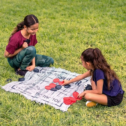 3-in-1 Vintage Giant Checkers, Tic, Tac, Toe, with Reversible Mat, 24 Chips, Family Board Game, Lawn Game, BBQ Party Favor, Indoor and Outdoor Activity for Kids and Adults (24 Count)