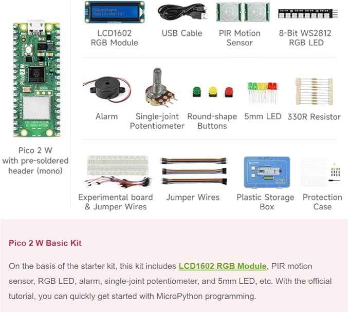 Raspbery Pi Pico 2 W Basic Kit, with Pico 2 W Microcontroller Board, Based on Official RP2350 Chip, Dual-core & Dual-Architecture Design, Supports WiFi and BLE