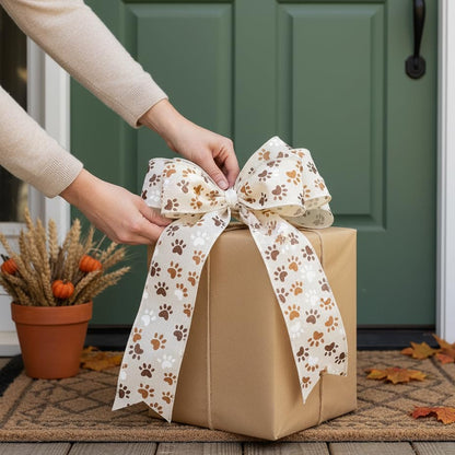 Ivory Canvas Dog Paw Wired Ribbon 2.5 Inch x 10 Yards for Christmas Home Decor Tree Topper Bow Gift Wrapping DIY Crafts Wreath Garland (30 Foot)