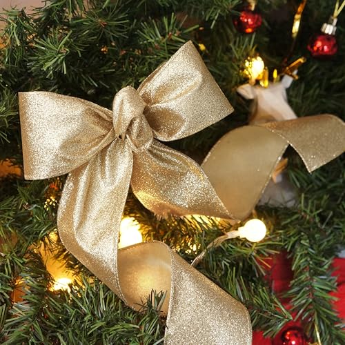 Glitter Wired Ribbon 2.5" x 10 Yards Light Gold for Christmas Home Decor Bow Gift Wrapping DIY Crafts Wreath (30 Foot)