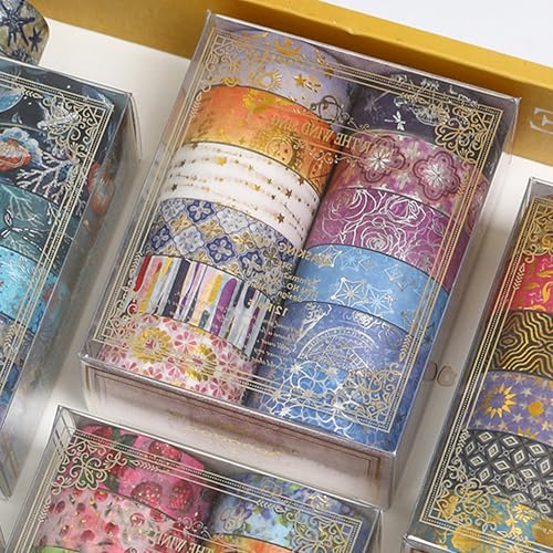 12 Rolls Charming Washi Tape Set Gold Silver Foil Detailing Arts Adhesive Tapes Basic Patterns Decorative Masking Tape Sets for Craft (12 Count)