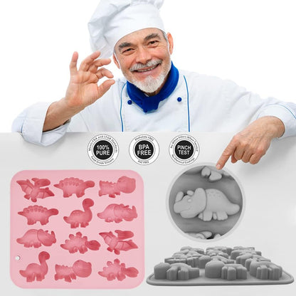 2 Pack 3D Cute Dinosaur Silicone Molds 12 Cavity Dinosaur Themed Baking Mould Tray DIY Baking Tool for Easter Chocolate Cake Dessert Candy Mousse Pastry Handmade Soap Cupcake Topper