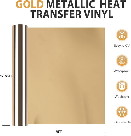 HTVRONT Metallic Gold HTV Vinyl Roll - 12" x 8ft Gold Heat Transfer Vinyl for T Shirts, Gold Iron on Vinyl for All Cutting Machine - Easy to Use for Heat Transfer Project (Metallic Gold)