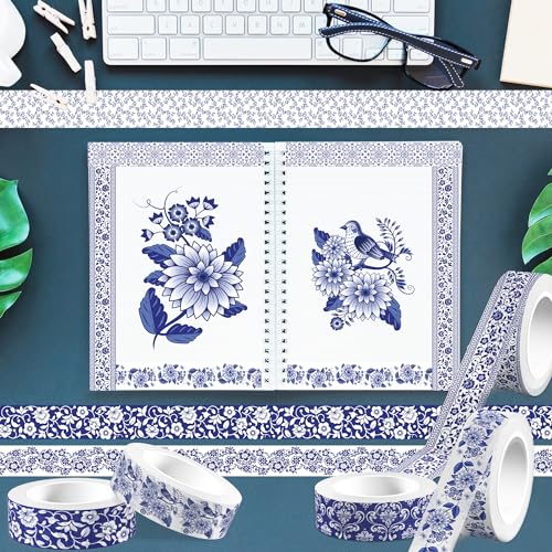 12 Pcs blue and white porcelain Washi Tape Maple Leaf Print Masking Tape Pumpkin Pattern Decorative Paper Sticker for Fall Party Holiday Scrapbook DIY Craft Gift Wrapping Handbook Sticker (12 Count)