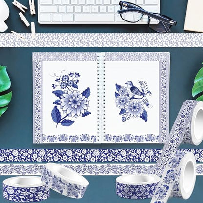 12 Pcs blue and white porcelain Washi Tape Maple Leaf Print Masking Tape Pumpkin Pattern Decorative Paper Sticker for Fall Party Holiday Scrapbook DIY Craft Gift Wrapping Handbook Sticker (12 Count)