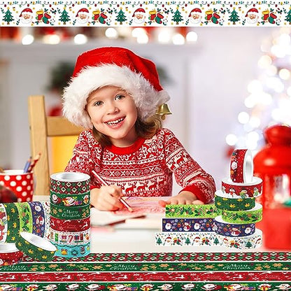 12 Pcs Christmas Washi Tape Merry Christmas Print Masking Tape Christmas Tree Snowman Santa Claus Pattern Decorative Paper Sticker for Christmas Party Holiday Scrapbook Handbook Sticker (12 Count)