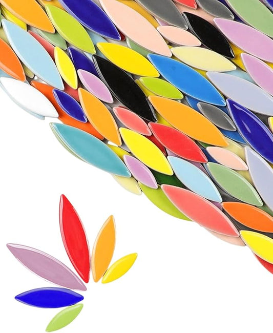 200g Ceramic Petals Bulk Mosaic Tiles for Craft, Small Oval Stepping Stone Kit, Glazed Porcelain Pieces for Coaster Tray House Number Mirror Lamp Home Decorations (Mix)