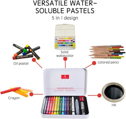 12 Colors Water Soluble Pastels, Watercolor Pastels Set for Beginners and Hobbyists, Includes Sharpener, Palette & Brush for Vibrant Art Creations (Classic)
