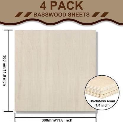 Basswood Sheets 4 Pack 12×12 x 1/4 Inch Unfinished Plywood Sheets Thin Craft Wood Board Laser Engraving Blanks Balsa Wood Sheet for Laser Cutting and Engraving, Wood Burning, Architectural Models
