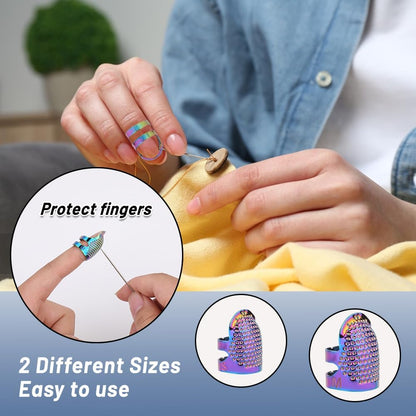 8 Pcs Sewing Thimbles, Sewing Thimble Finger Protector, Fingertip Thimble Metal Dazzle Color Adjustable Metal Sewing Thimble Rings, Sewing Quilting Craft Accessories DIY Sewing Tools (2 Sizes, S/M)