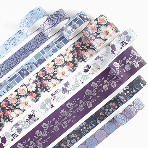 Elegance Blue Washi Tape Set 8 Rolls Wide Silver Embellishment Decorative Masking Tapes for Arts (8 Count)