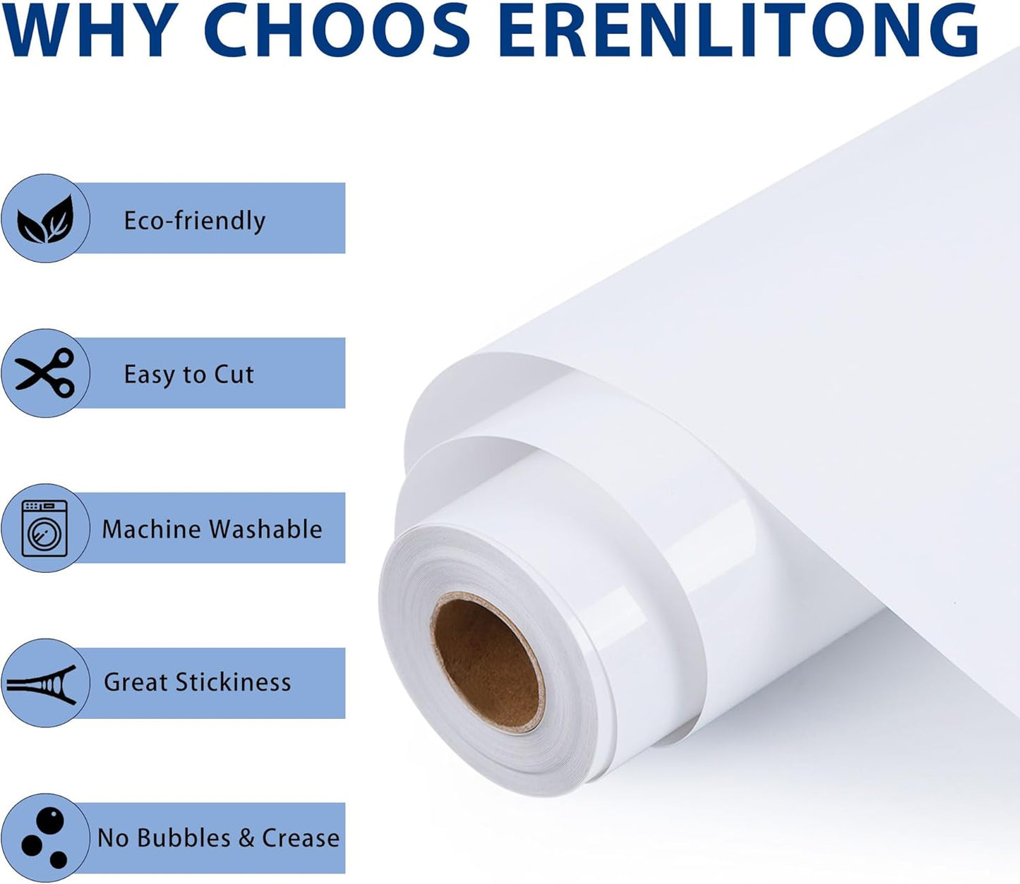 RENLITONG White Iron on Vinyl 12Inch by 50ft Roll HTV Heat Transfer Vinyl for T-Shirt HTV Rolls for All Cutter Machine - Easy to Cut & Weed for Heat Transfer Design