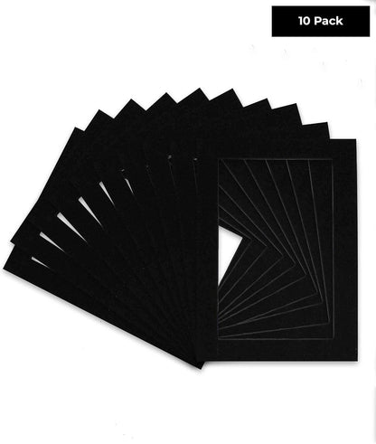 Pack of Ten Acid Free 11x14 Mats Bevel Cut for 8.5x11 Photos - Black With Black Core Precut Matboards, Backing Boards and Self Seal Bags for Pictures, Framing - 4-ply Thickness
