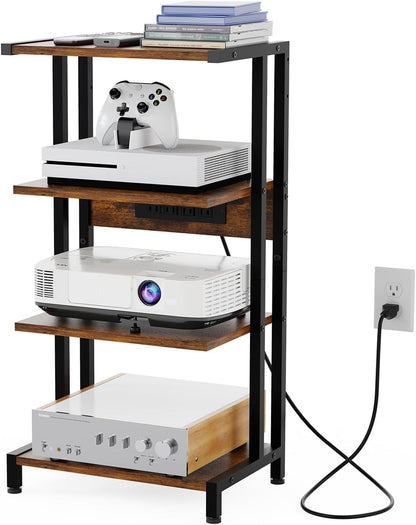 X-cosrack 4-Tier AV Media Stand with Power Strips, Wooden Corner Shelf Component Cabinet Stereo Audio Rack Stand Tower Perfect for DVD Players:Game Console:TV Box:Cable Box:Xbox:WiFi Router