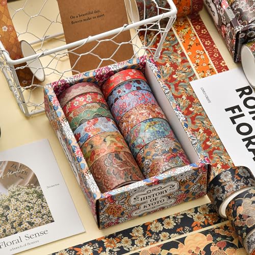 12 Rolls Kyoto Charm Washi Tape Set Japanese Arts Adhesive Tapes Geometric Garden Decorative Masking Tape Sets for Craft
