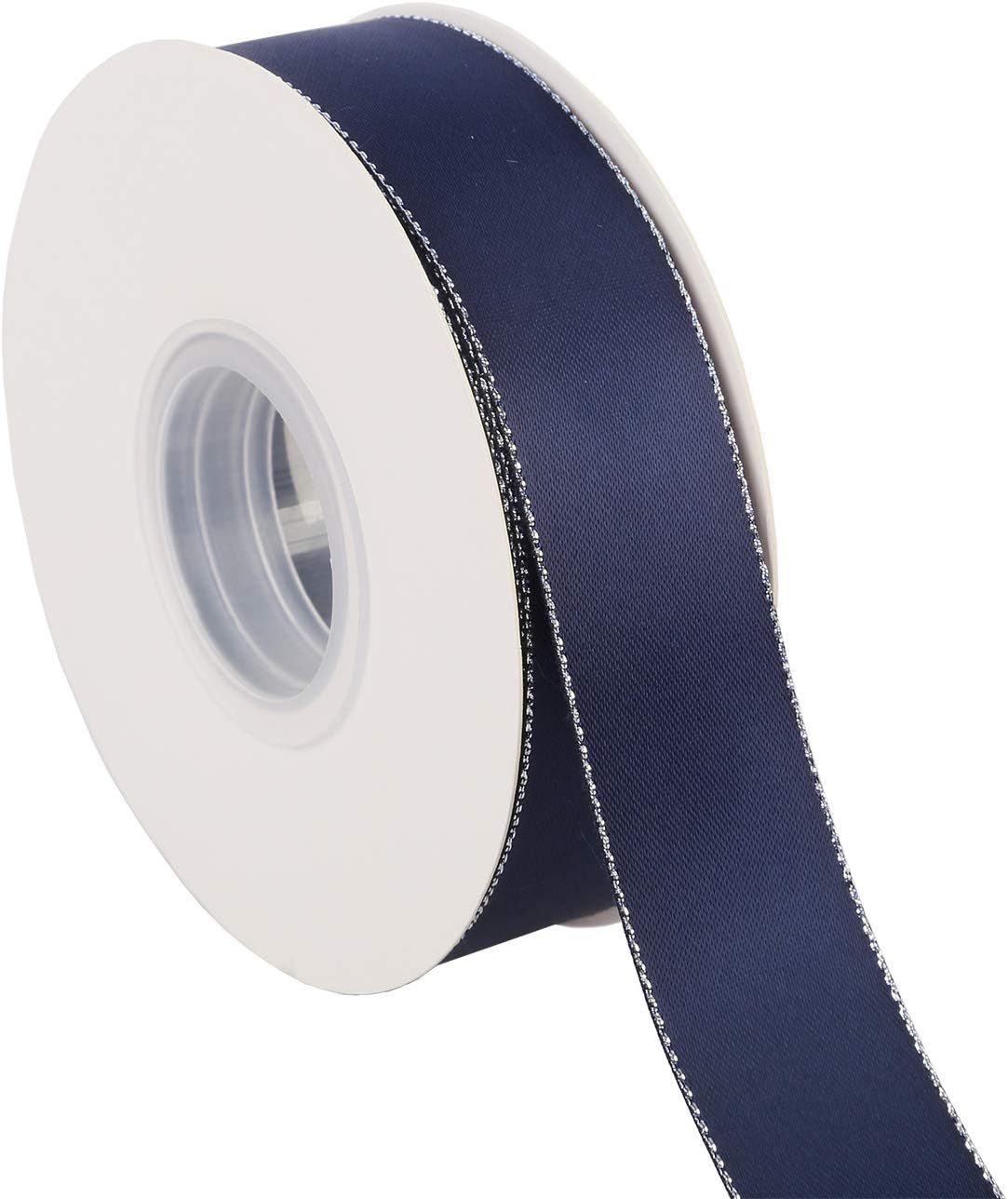 ITIsparkle 1" Inch Double Faced Satin Ribbon 25 Yards with Silver Edges, 1" X 25Yd - Navy - Crafty Corner