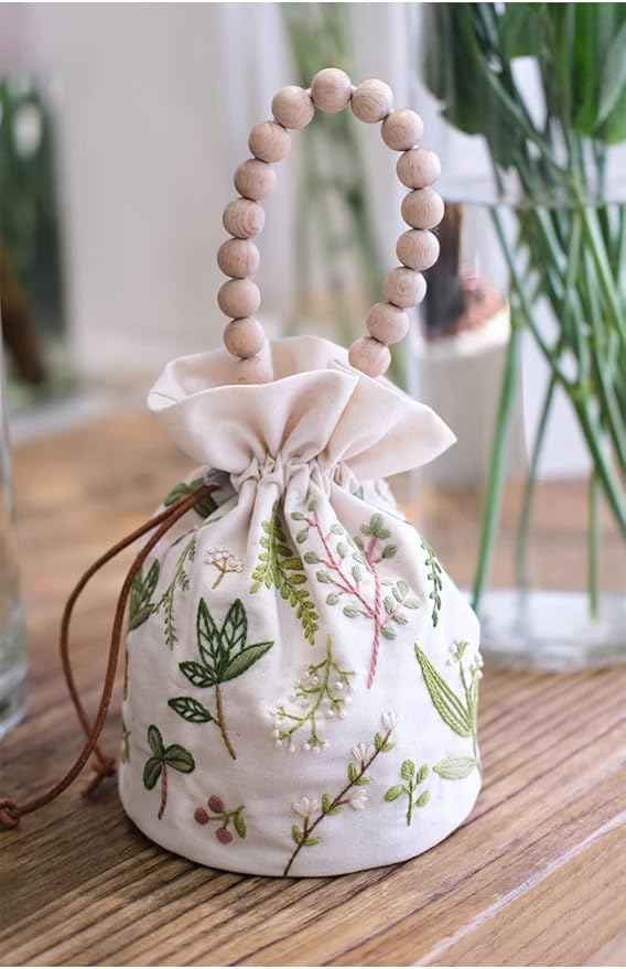 Smart-Feather Embroidery Drawstring Bag Kits with Patterns, Needlepoint Sewing Handbag Kit for Beginners, Embroidery Start Kit with Hoop