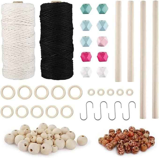 Macrame Kit -Macrame Wall Hanging Kit for Beginners, Macrame Cord 3mm Beads Wood Dowels Rings, Macrame Starter Set Hanging Plant DIY Craft Kits