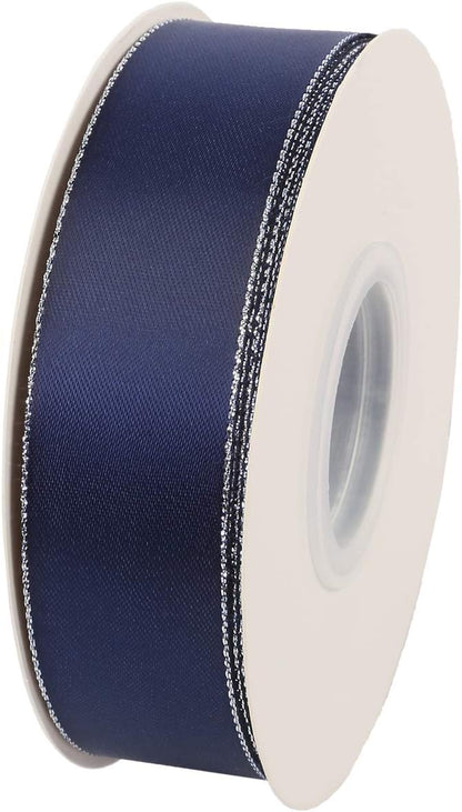 ITIsparkle 1" Inch Double Faced Satin Ribbon 25 Yards with Silver Edges, 1" X 25Yd - Navy - Crafty Corner