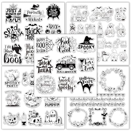 5 Sheets Halloween Clear Stamps Gnome Pumpkin Spider Silicone Transparent Stamps Trick or Treat Border Stamp Cards for DIY Card Making Scrapbooking Embossing Album Decor (5 Count)