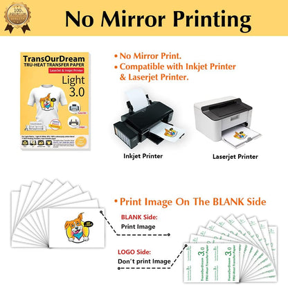 TransOurDream Tru-Heat Transfer Paper for Inkjet & Laserjet Printer (100 Sheets 8.5x11", 3.0) Printable HTV Heat Transfer Vinyl for T Shirts Iron On transfers for Light Fabrics (TRANS-L3-1-100)