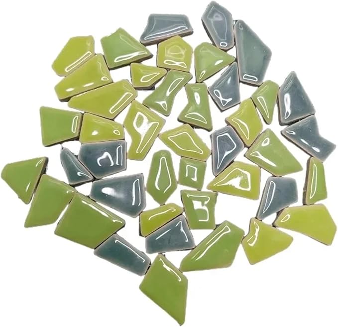 Mosaic Tiles 200g/7.05oz(Approx. 155-170pcs) Porcelain Mosaic Tiles 1-2.5cm 0.4mm Thickness Ceramic Mosaic Stones DIY Mosaic Craft Material(Green Mix 2)