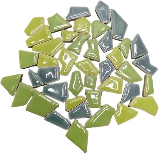 Mosaic Tiles 200g/7.05oz(Approx. 155-170pcs) Porcelain Mosaic Tiles 1-2.5cm 0.4mm Thickness Ceramic Mosaic Stones DIY Mosaic Craft Material(Green Mix 2)