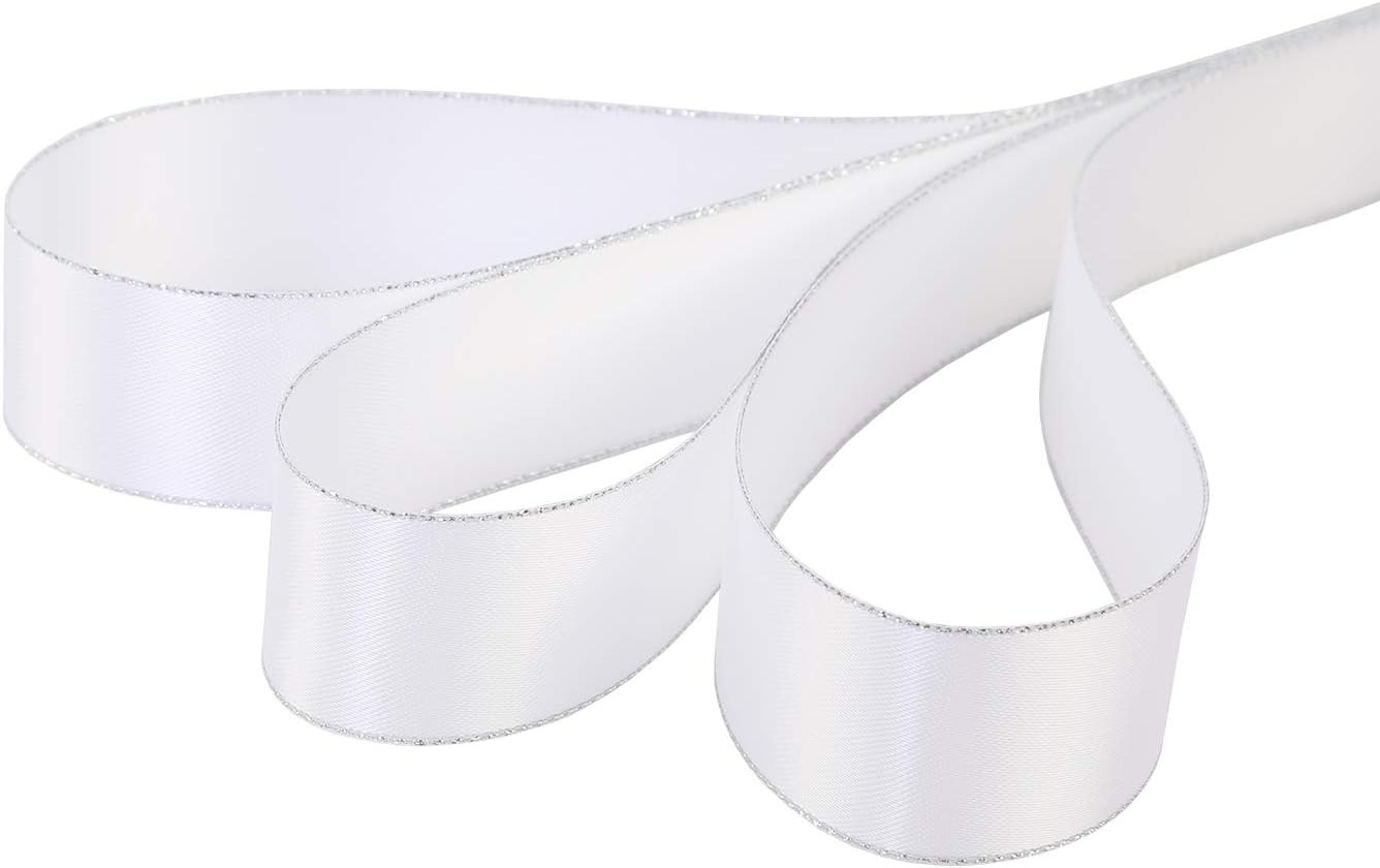 ITIsparkle 1" Inch Double Faced Satin Ribbon 25 Yards with Silver Edges, 1" X 25Yd - White - Crafty Corner