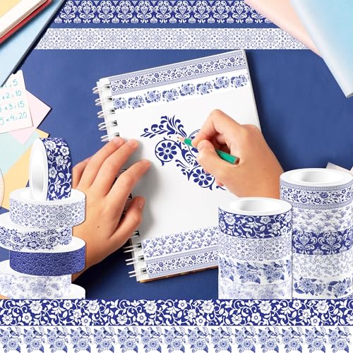 12 Pcs blue and white porcelain Washi Tape Maple Leaf Print Masking Tape Pumpkin Pattern Decorative Paper Sticker for Fall Party Holiday Scrapbook DIY Craft Gift Wrapping Handbook Sticker (12 Count)