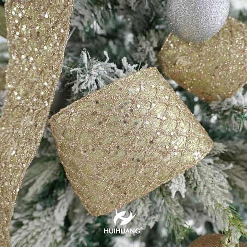 Glitter Champagne Gold Wired Christmas Ribbon 4 inch x 10 Yards (30 Foot)