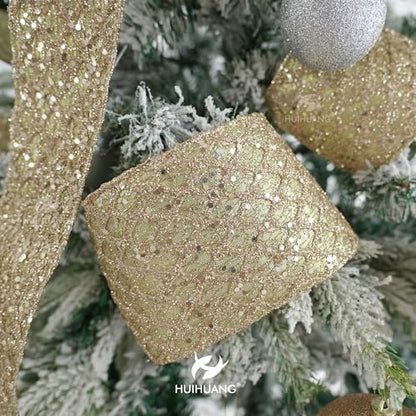 Glitter Champagne Gold Wired Christmas Ribbon 4 inch x 10 Yards (30 Foot)