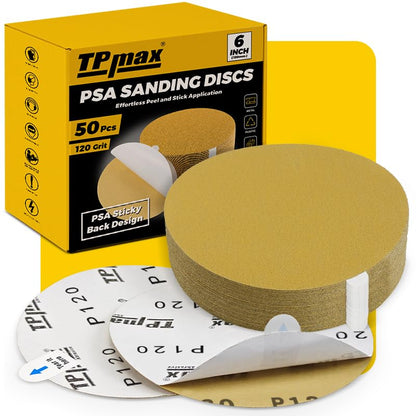 6-Inch 120-Grit Gold PSA Sanding Discs, 50 Pack – Pro-Grade Self-Adhesive Stickyback Sandpaper with Quick-Release Tabs for DA Sander, Medium-Coarse Automotive/Wood/Metal Sanding (50 Count)
