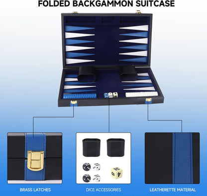 GSE Games & Sports Expert Premium Leather Backgammon Board Game Set, Classic Backgammon Game Set with Leather Case, Travel Folding Board Game (Black&Blue, Small)