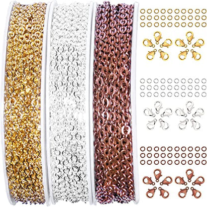 30ft Jewelry Making Chains Bulk 2mm Necklace Chains for Jewelry Making Supplies (3 Count)