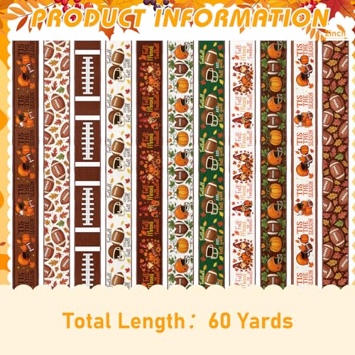 12 Rolls Fall Football Wired Edge Ribbon for Wreaths 2 Inch x 60 Yards Maple Leaves Pumpkin Football Print Ribbon Crafts for Thanksgiving Harvest Party Decorative Supplies (12 Count)