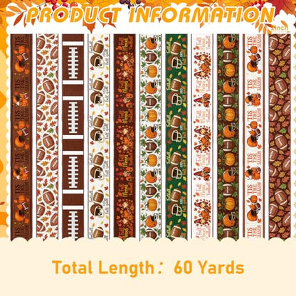 12 Rolls Fall Football Wired Edge Ribbon for Wreaths 2 Inch x 60 Yards Maple Leaves Pumpkin Football Print Ribbon Crafts for Thanksgiving Harvest Party Decorative Supplies (12 Count)