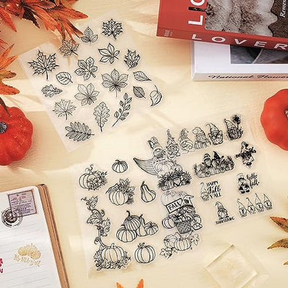 5 Sheet Fall Thanksgiving Clear Stamps Autumn Leaves Pumpkin Gnome Silicone Transparent Stamps Happy Fall Border Stamp Cards for DIY Craft Card Making Scrapbooking Embossing Album Decor (5 Count)