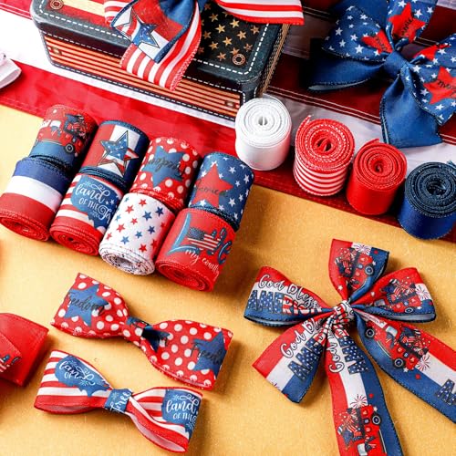 12 Rolls 60 Yards Memorial Day Ribbon Stars and Stripes Burlap Wired Edge Ribbon White Blue Red Crafts for 4th of July 250th Anniversary Patriotic Independence Day Gift Wrapping DIY Bow Craft (12 Count)
