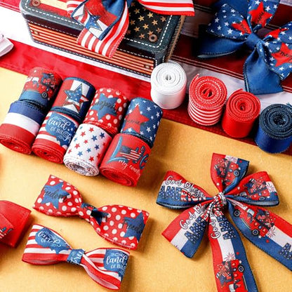 12 Rolls 60 Yards Memorial Day Ribbon Stars and Stripes Burlap Wired Edge Ribbon White Blue Red Crafts for 4th of July 250th Anniversary Patriotic Independence Day Gift Wrapping DIY Bow Craft (12 Count)