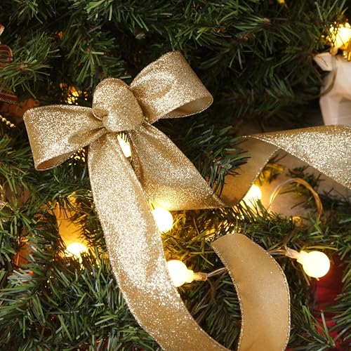 Glitter Wired Ribbon 1.5" x 10 Yards Light Gold for Christmas Home Decor Bow Gift Wrapping DIY Crafts Wreath (30 Foot)