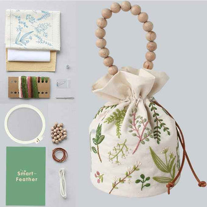 Smart-Feather Embroidery Drawstring Bag Kits with Patterns, Needlepoint Sewing Handbag Kit for Beginners, Embroidery Start Kit with Hoop