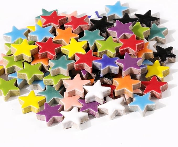 170g Ceramic Mosaic Tiles Pieces, Heart Star Oval Round Flower Shape Mosaics for Crafts Bulk,Student Adults Mosaic Kits Making (Star Mix)