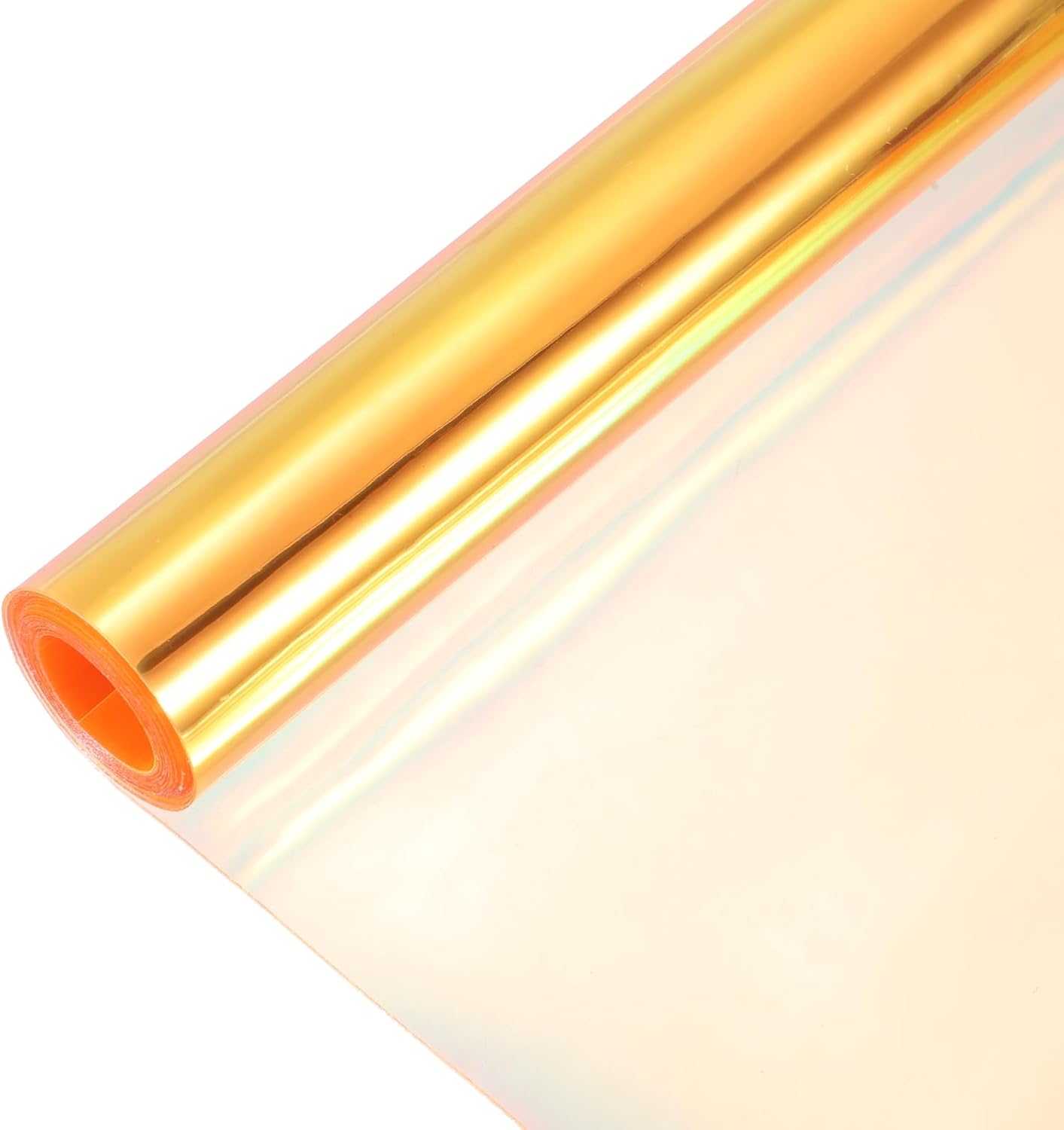 MECCANIXITY Holographic Clear PVC Vinyl Film Holographic PVC Fabric Waterproof Dichroic Film 12 x 48 Inch for Handbags Bows Earrings DIY Craft,Laser Orange Color