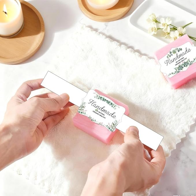 100Pcs Eucalyptus Leaves Soap Wrapper 8 Style Flower Wrap Tape for Homemade Soap - Kraft Paper Vertical Tag Soaps Sleeves Covers for Christmas Homemade Soaps Packaging Supplies (White with Words)