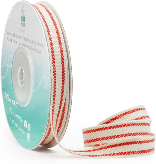 CT CRAFT LLC Ivory Cotton Red Stripes Ribbon 3/8" x 10 Yards for Home Décor Gift Present Wrapping DIY Crafts Birthday Wedding Bouquet Christmas - Crafty Corner