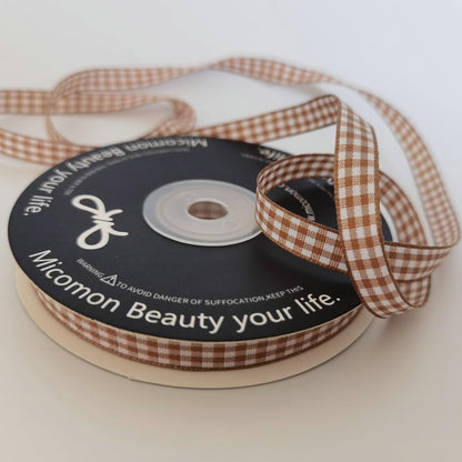 Khaki and White Woven Edge Plaid Ribbon 100% Polyester Gingham Ribbon 25 Yards Each Roll (75 Foot)