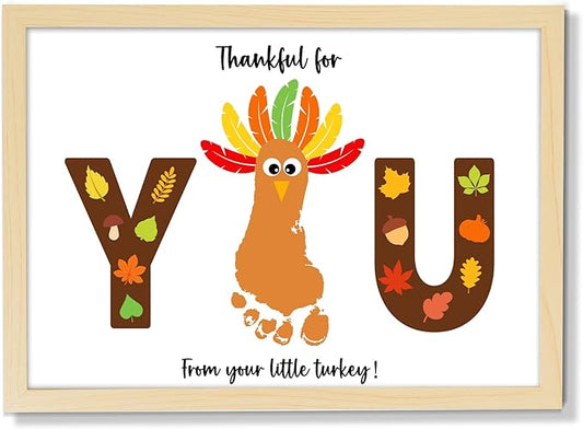 Thanksgiving Turkey Footprint Art Craft DIY Kit Brown Fall Thanksgiving DIY Gifts Thankful for You Little Turkey Footprint Keepsake with Wood Frame for Mom Dad Friend Holiday Activities 12x16 Inch